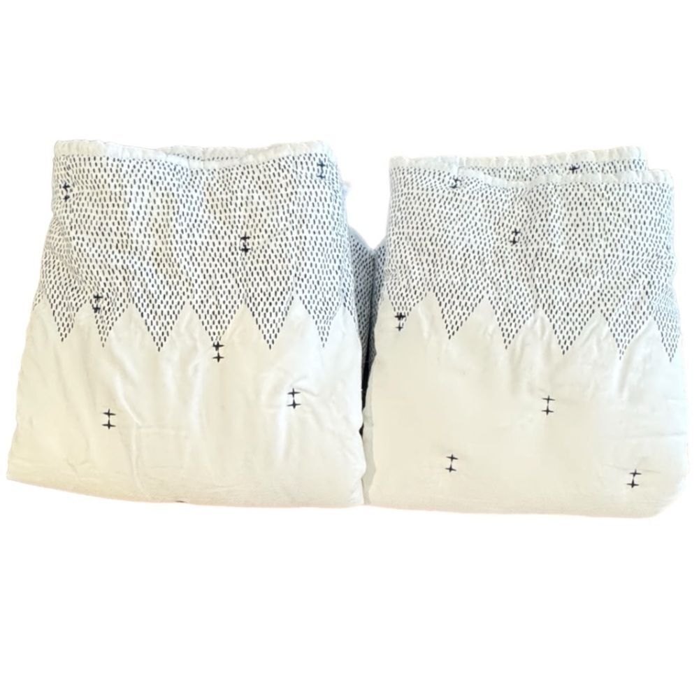 West Elm Accent Stitch Quilted Cotton White Dark Navy Embroidery King Shams NWOT